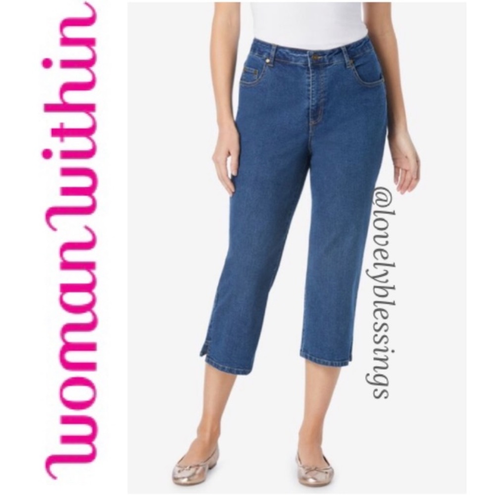 Natural Fit Capri Jeans Woman Within Plus Size 16 W Cropped Jeans Dark Blue Wash